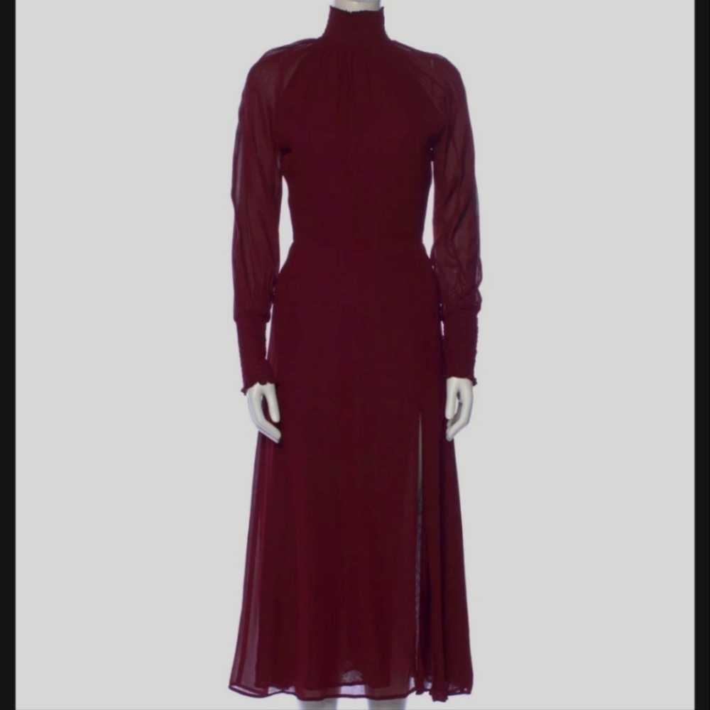 REFORMATION EUC BURGUNDY HI NECK LEG SPLIT SEXY AF ALINE DRESS
